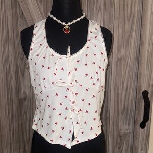 Elegant White and Red Cherry Print Tank Top